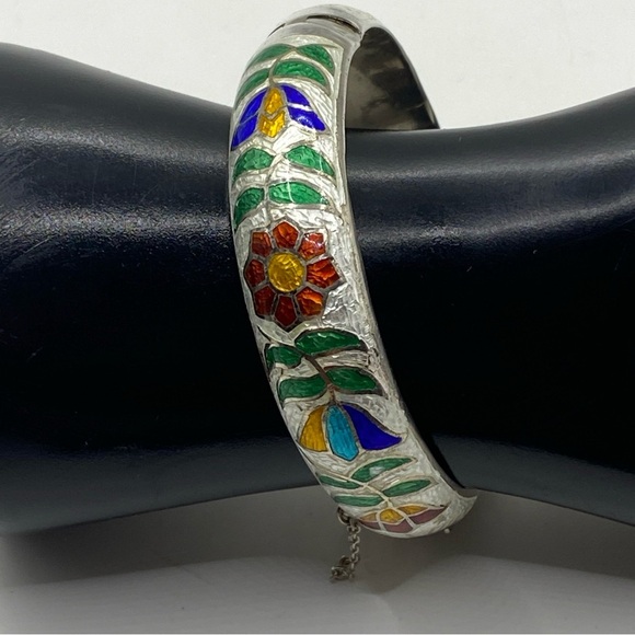 Bracelet Bangle Vintage Siam Enamel Decor Thailand 925 Sterling Silver /7.5”in - Picture 10 of 12